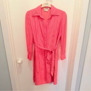 Vintage I. Magnin 100% Silk Jacquard Pink Shirt Dress Belted Floral Tone Sz 14